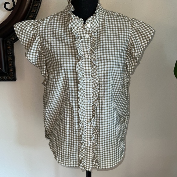 Veronica Beard Jeans Women’s Tenille Olive White Plaid Sleeveless Blouse Medium